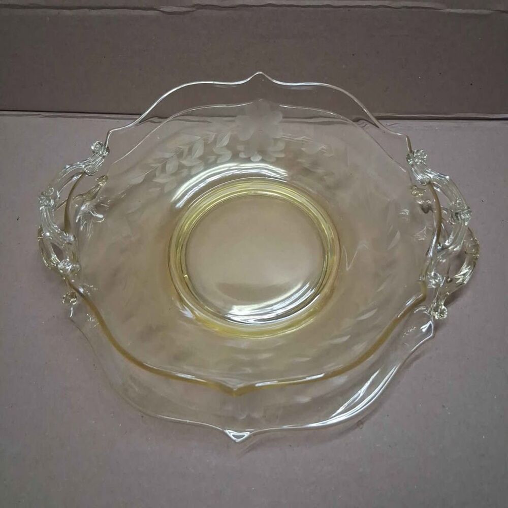 Lancaster Glass Co Topaz Yellow Floral Etched 2-Pc Plate & Bowl Set Vintage